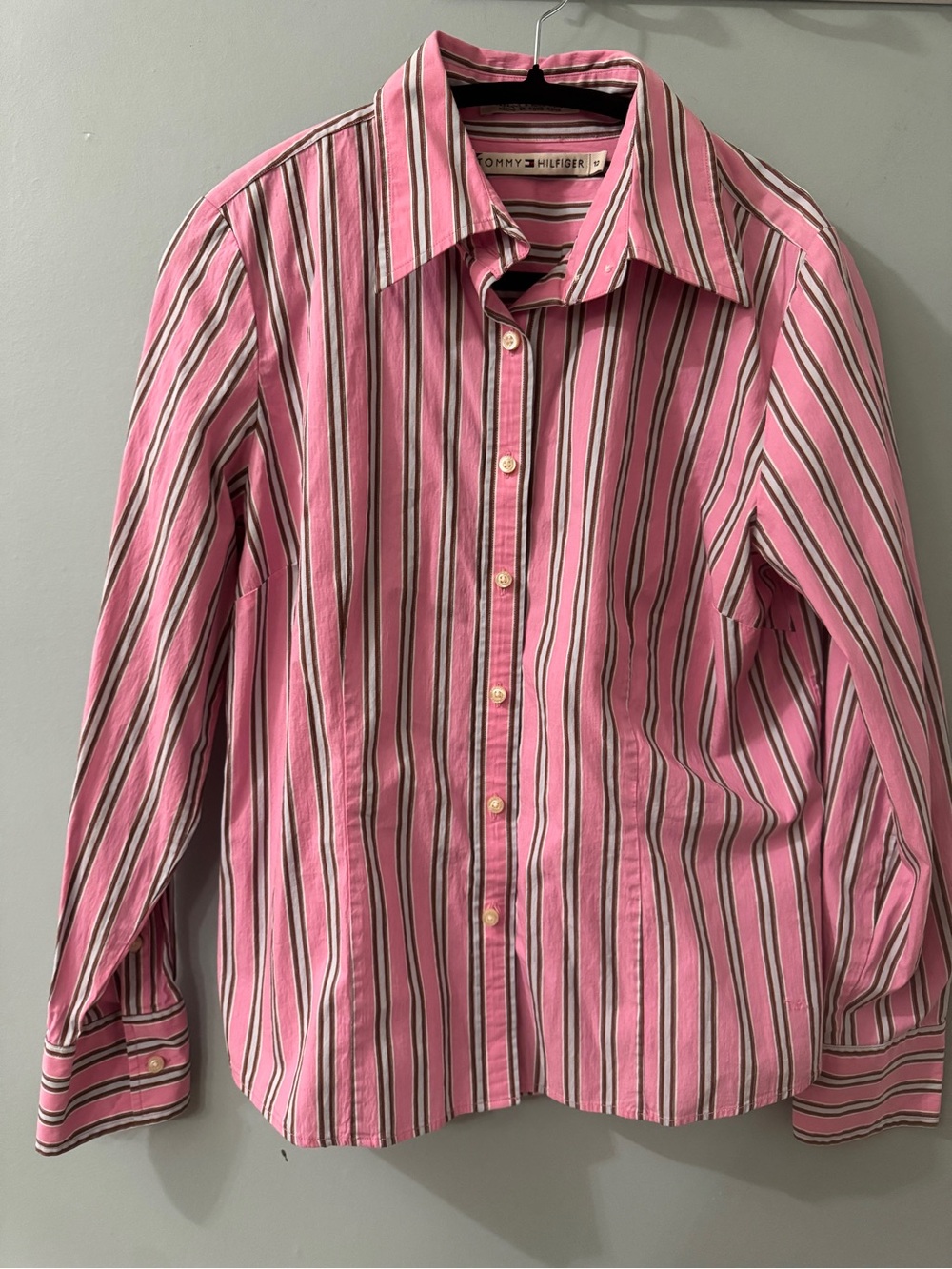Vintage Tommy Hilfiger Women’s button up Pink, chocolate brown & baby blue